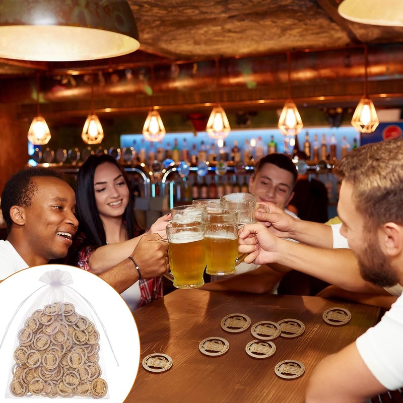 Motionchic 200 Pcs Drink Tokens Bulk for Bars Personalized Wooden Drink Tickets with Organza Bags Poker Chips for Wedding Party Oktoberfest Bar Event Supplies - Image 4